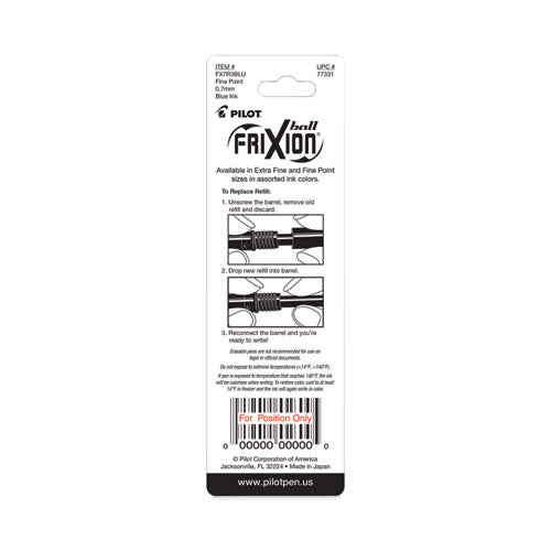 Image of Pilot® Refill For Pilot Frixion Erasable, Frixion Ball, Frixion Clicker And Frixion Lx Gel Ink Pens, Fine Tip, Blue Ink, 3/pack