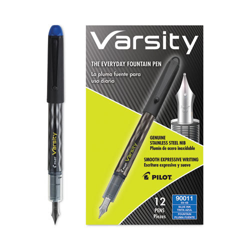 Image of Pilot® Varsity Fountain Pen, Medium 1 mm, Blue Ink, Clear/Black/Blue Barrel