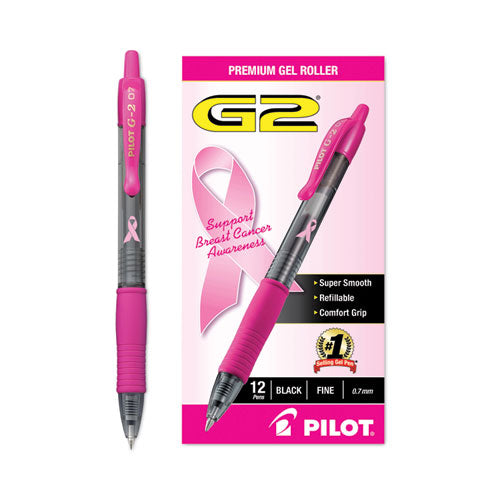 Image of Pilot® G2 Premium Breast Cancer Awareness Gel Pen, Retractable, Fine 0.7 mm, Black Ink, Smoke/Pink Barrel, Dozen