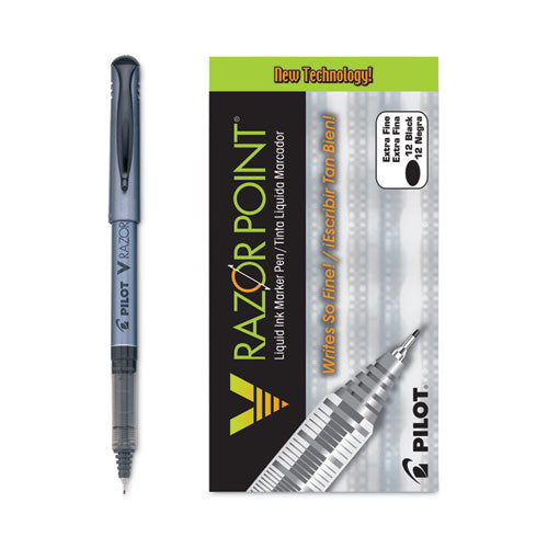Image of Pilot® V Razor Point Liquid Ink Porous Point Pen, Stick, Extra-Fine 0.5 mm, Black Ink, Gray/Smoke Barrel, Dozen