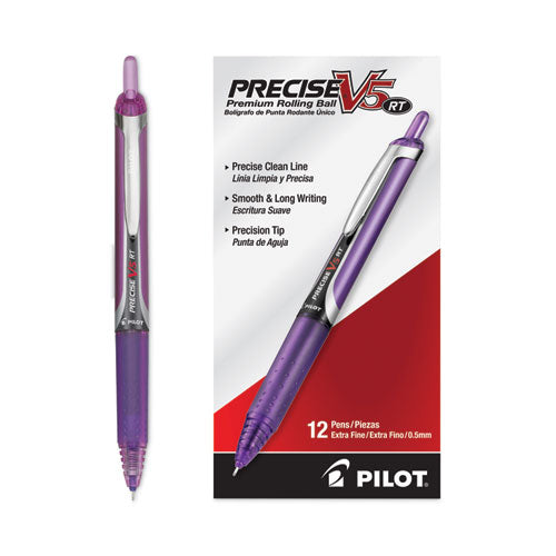 Image of Pilot® Precise V5RT Rollerball Pen, Retractable, Extra-Fine 0.5 mm, Purple Ink, Purple Barrel