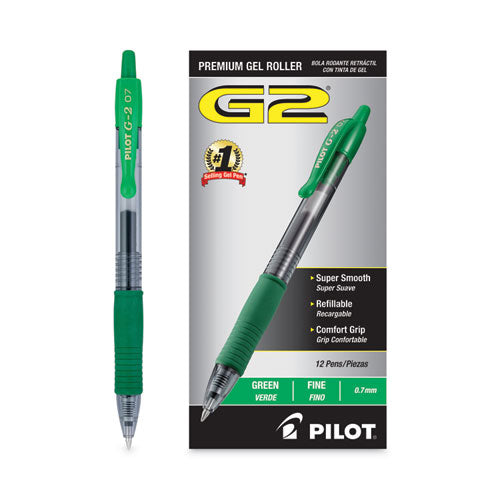 Image of Pilot® G2 Premium Gel Pen, Retractable, Fine 0.7 mm, Green Ink, Smoke/Green Barrel, Dozen