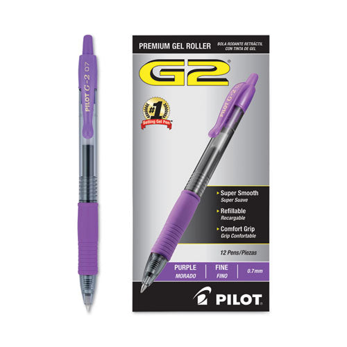 Image of Pilot® G2 Premium Gel Pen, Retractable, Fine 0.7 mm, Purple Ink, Smoke/Purple Barrel, Dozen