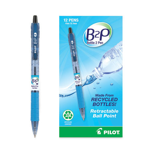 Image of Pilot® B2p Bottle-2-Pen Recycled Ballpoint Pen, Retractable, Fine 0.7 Mm, Black Ink, Translucent Blue Barrel, Dozen