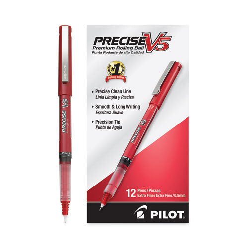 Image of Pilot® Precise V5 Rollerball Pen, Stick, Extra-Fine 0.5 mm, Red Ink, Red/Clear Barrel, Dozen