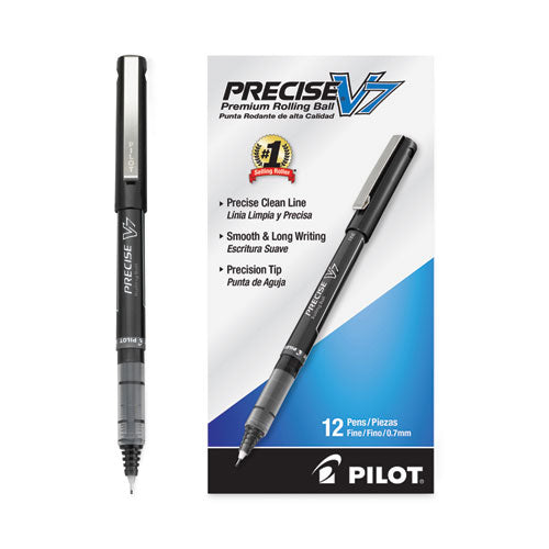 Image of Pilot® Precise V7 Rollerball Pen, Stick, Fine 0.7 mm, Black Ink, Black/Clear Barrel, Dozen