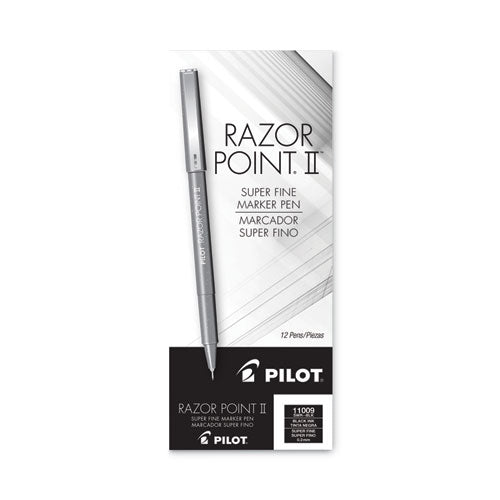 Image of Pilot® Razor Point II Super Fine Line Porous Point Pen, Stick, Super-Fine 0.2 mm, Black Ink, Black Barrel, Dozen