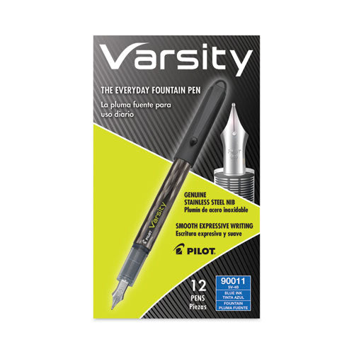 Image of Pilot® Varsity Fountain Pen, Medium 1 mm, Blue Ink, Clear/Black/Blue Barrel