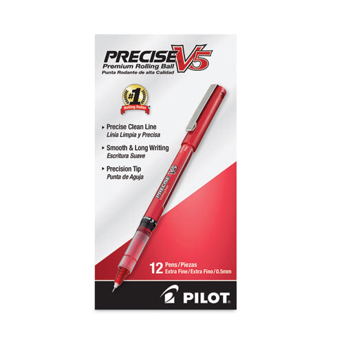 Image of Pilot® Precise V5 Rollerball Pen, Stick, Extra-Fine 0.5 mm, Red Ink, Red/Clear Barrel, Dozen