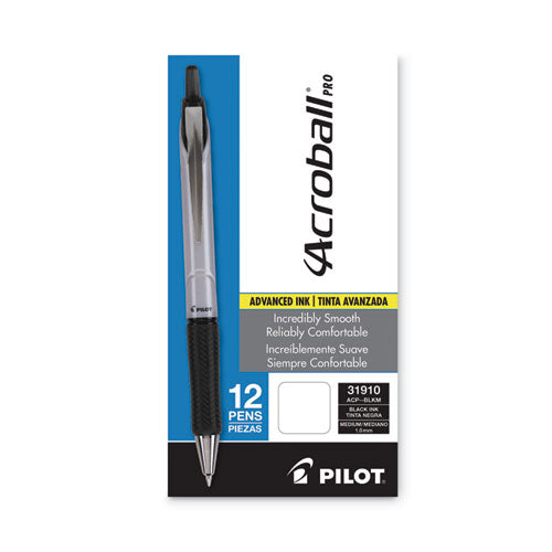 Image of Pilot® Acroball Pro Advanced Ink Hybrid Gel Pen, Retractable, Medium 1 mm, Black Ink, Silver/Black Barrel, Dozen