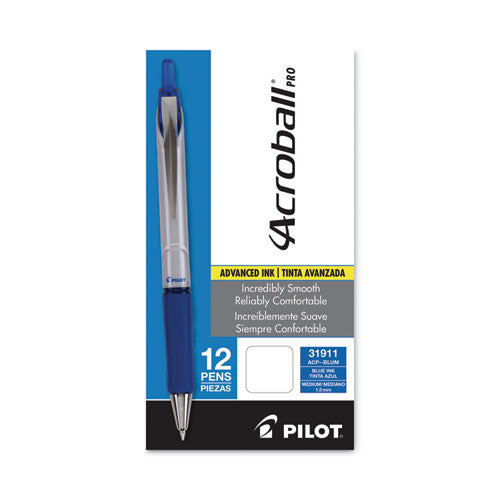 Image of Pilot® Acroball Pro Advanced Ink Hybrid Gel Pen, Retractable, Medium 1 mm, Blue Ink, Silver/Blue Barrel, Dozen