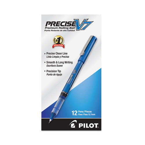 Image of Pilot® Precise V7 Rollerball Pen, Stick, Fine 0.7 mm, Blue Ink, Blue/Clear Barrel, Dozen