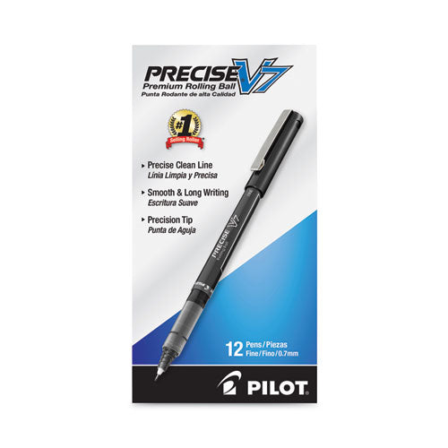 Image of Pilot® Precise V7 Rollerball Pen, Stick, Fine 0.7 mm, Black Ink, Black/Clear Barrel, Dozen