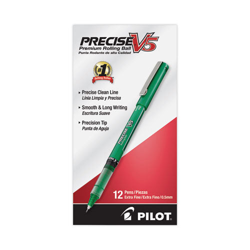 Image of Pilot® Precise V5 Rollerball Pen, Stick, Extra-Fine 0.5 mm, Green Ink, Green/Clear Barrel, Dozen