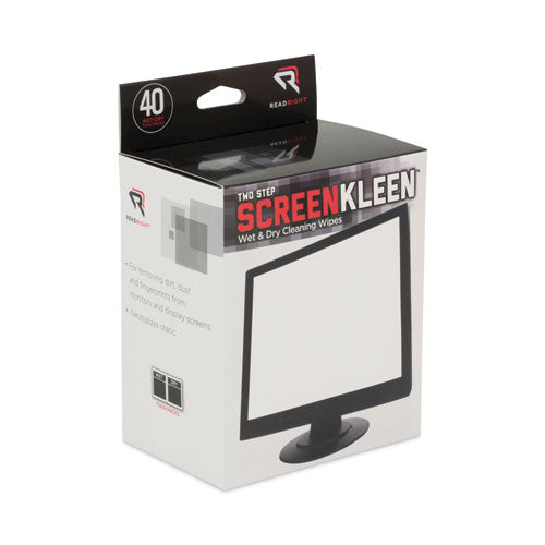 Image of Read Right® Two Step ScreenKleen Wet and Dry Cleaning Wipes, 5 x 5, Unscented, 40/Box