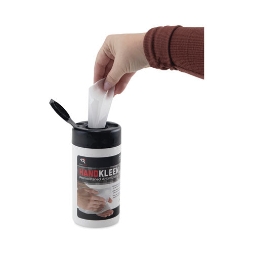 Image of Read Right® HandKleen Premoistened Antibacterial Wipes, Cloth, 5.5 x 6.5, Unscented, White, 70/Tub