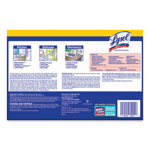 Image of LYSOL® Brand Disinfecting Wipes, 1-Ply, 7 x 7.25, Lemon and Lime Blossom, White, 80 Wipes/Canister, 3 Canisters/Pack, 2 Packs/Carton