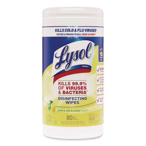 Image of LYSOL® Brand Disinfecting Wipes, 1-Ply, 7 x 7.25, Lemon and Lime Blossom, White, 80 Wipes/Canister, 3 Canisters/Pack, 2 Packs/Carton