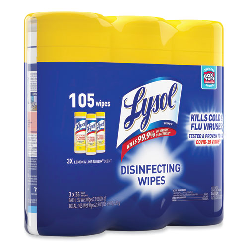 Image of LYSOL® Brand Disinfecting Wipes, 1-Ply, 7 x 7.25, Lemon and Lime Blossom, White, 35 Wipes/Canister, 3 Canisters/Pack