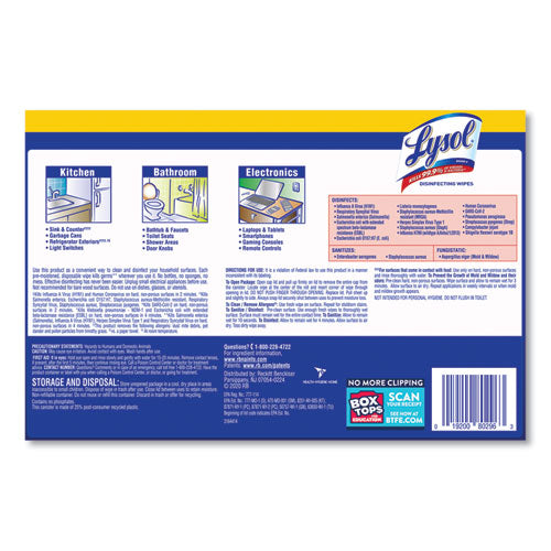 Image of LYSOL® Brand Disinfecting Wipes, 1-Ply, 7 x 7.25, Lemon and Lime Blossom, White, 80 Wipes/Canister, 2 Canisters/Pack, 3 Packs/Carton