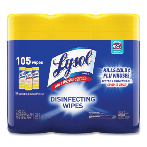 Image of LYSOL® Brand Disinfecting Wipes, 1-Ply, 7 x 7.25, Lemon and Lime Blossom, White, 35 Wipes/Canister, 3 Canisters/Pack