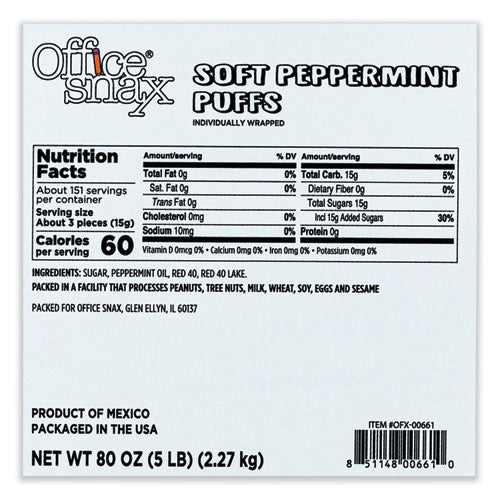 Image of Office Snax® Candy Assortments, Peppermint Puffs Candy, 5 lb Carton