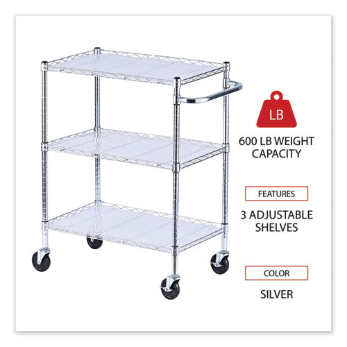 Image of Alera® Three-Shelf Wire Cart with Liners, Metal, 3 Shelves, 600 lb Capacity, 34.21" x 18" x 40", Silver