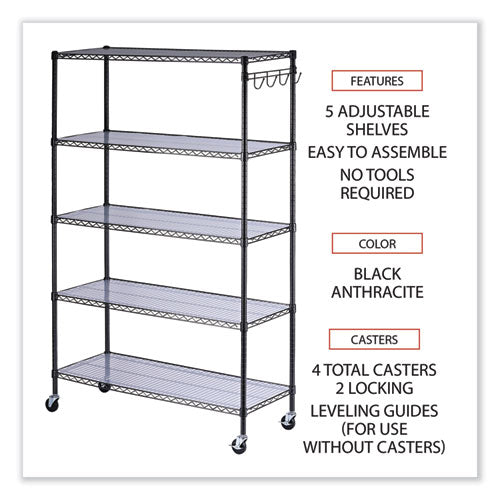 Image of Alera® 5-Shelf Wire Shelving Kit With Casters And Shelf Liners, 48w X 18d X 72h, Black Anthracite