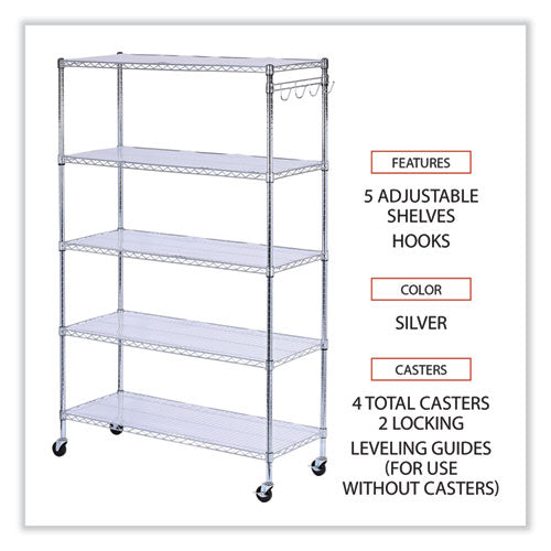 Image of Alera® 5-Shelf Wire Shelving Kit With Casters And Shelf Liners, 48w X 18d X 72h, Silver