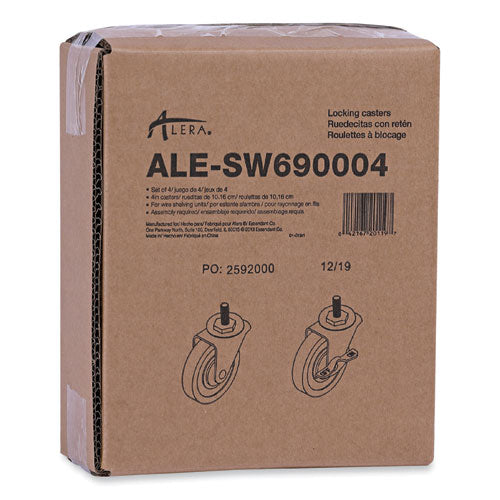 Image of Alera® Optional Casters for Wire Shelving, Grip Ring Type K Stem, 4" Wheel, Black/Silver, 4/Set (2 Locking)