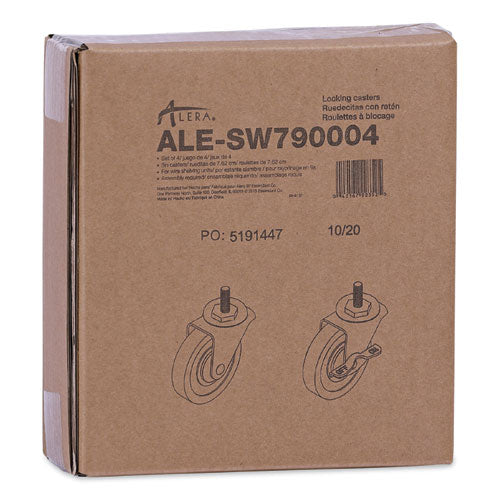 Image of Alera® Optional Casters for Wire Shelving, Grip Ring Stem, 3" Wheel, Black, 4/Set (2 Locking)