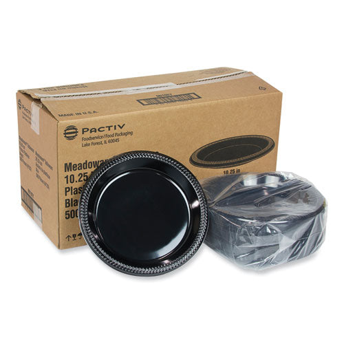 Image of Pactiv Evergreen Meadoware Impact Plastic Dinnerware, Plate, 10.25" dia, Black, 500/Carton