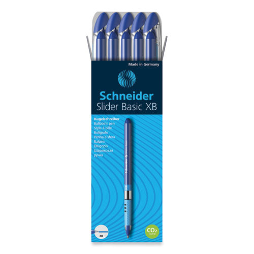 Image of Schneider® Slider Basic Ballpoint Pen, Stick, Extra-Bold 1.4 mm, Blue Ink, Blue Barrel, 10/Box