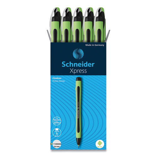 Image of Schneider® Xpress Fineliner Porous Point Pen, Stick, Medium 0.8 Mm, Black Ink, Black/green Barrel, 10/box