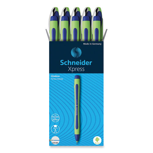 Image of Schneider® Xpress Fineliner Porous Point Pen, Stick, Medium 0.8 Mm, Blue Ink, Blue/green Barrel, 10/box