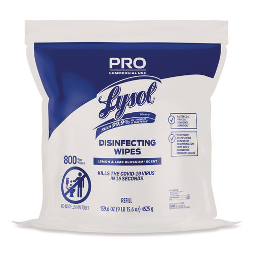 Image of LYSOL® Brand Professional Disinfecting Wipe Bucket Refill, 1-Ply, 6 x 8, Lemon and Lime Blossom, White, 800 Wipes/Bag, 2 Refill Bags/CT