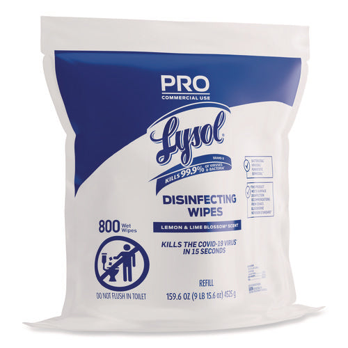 Image of LYSOL® Brand Professional Disinfecting Wipe Bucket Refill, 1-Ply, 6 x 8, Lemon and Lime Blossom, White, 800 Wipes/Bag, 2 Refill Bags/CT