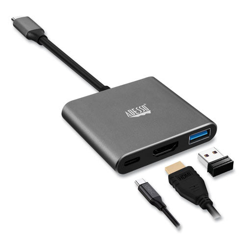 Image of Adesso 3-in-1 USB-C Multi-Port TAA Compliant Docking Station, HDMI, USB-C, USB 3 A+PD, Black/Gray