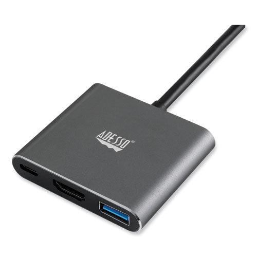 Image of Adesso 3-in-1 USB-C Multi-Port TAA Compliant Docking Station, HDMI, USB-C, USB 3 A+PD, Black/Gray