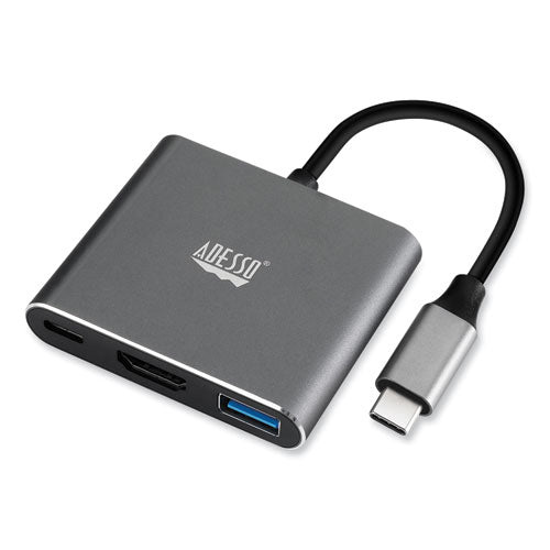 Image of Adesso 3-in-1 USB-C Multi-Port TAA Compliant Docking Station, HDMI, USB-C, USB 3 A+PD, Black/Gray