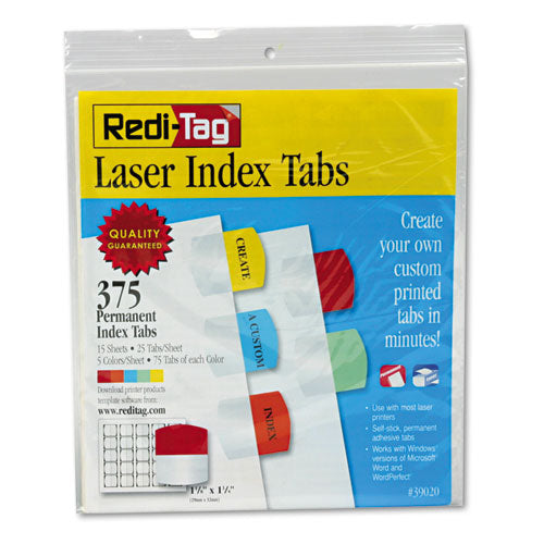 Image of Redi-Tag® Inkjet Printable Index Tabs, 1/5-Cut, Assorted Colors, 1.13" Wide, 375/Pack