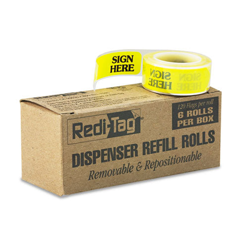 Image of Redi-Tag® Arrow Message Page Flag Refills, "Sign Here", Yellow, 120 Flags/Roll, 6 Rolls/Box