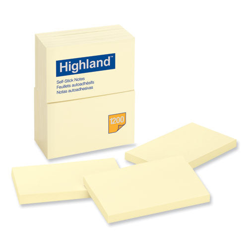 Image of Highland Self-Stick Notes, 3" x 5", Yellow, 100 Sheets/Pad, 12 Pads/Pack