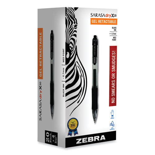 Image of Zebra® Sarasa Dry Gel X20 Gel Pen Value Pack, Retractable, Medium 0.7 mm, Black Ink, Clear/Black Barrel, 24/Box