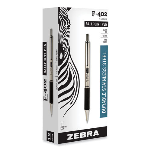 Image of Zebra® F-402 Ballpoint Pen, Retractable, Fine 0.7 Mm, Black Ink, Stainless Steel/black Barrel