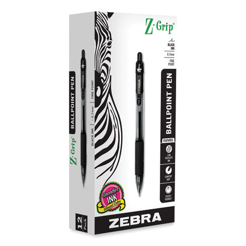 Image of Zebra® Z-Grip Ballpoint Pen, Retractable, Medium 0.7 mm, Black Ink, Clear/Black Barrel, 12/Pack