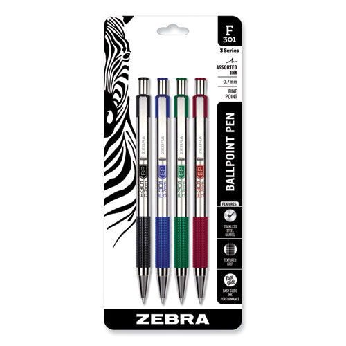 Image of Zebra® F-301 Ballpoint Pen, Retractable, Fine 0.7 Mm, Assorted Ink And Barrel Colors, 4/pack