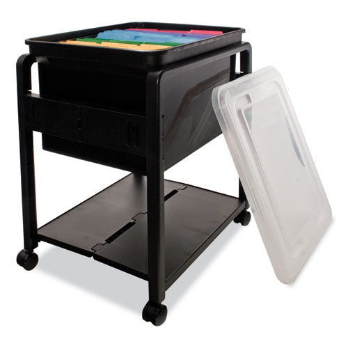 Image of Advantus Folding Mobile File Cart, Plastic, 1 Shelf, 1 Bin, 14.5" x 18.5" x 21.75", Black