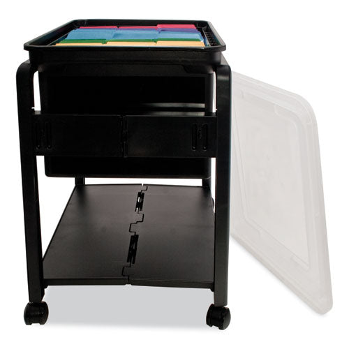 Image of Advantus Folding Mobile File Cart, Plastic, 1 Shelf, 1 Bin, 14.5" x 18.5" x 21.75", Black
