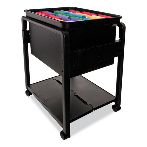 Image of Advantus Folding Mobile File Cart, Plastic, 1 Shelf, 1 Bin, 14.5" x 18.5" x 21.75", Black